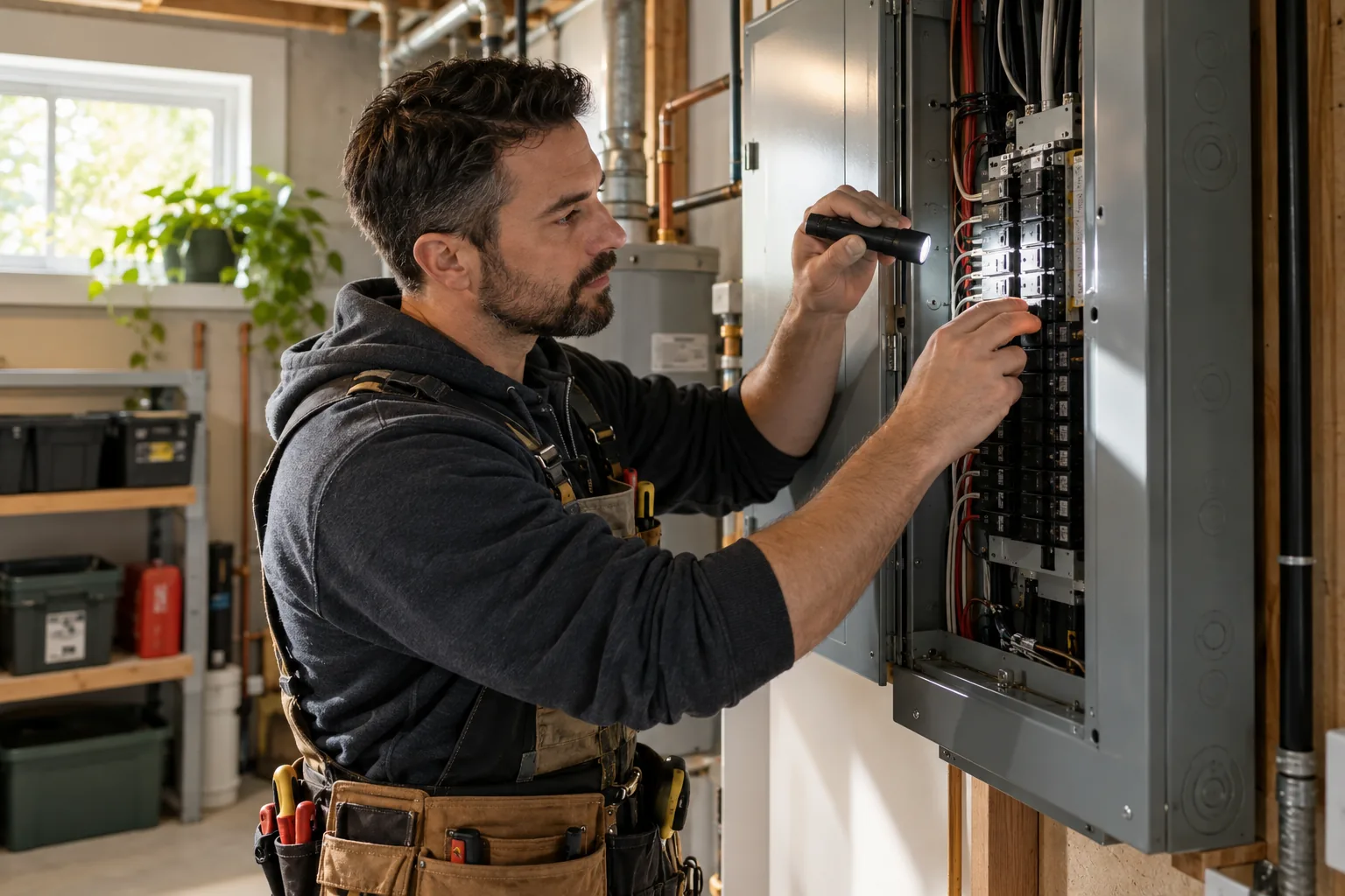 An electrician working at a breaker panel while BotPhone answers his calls