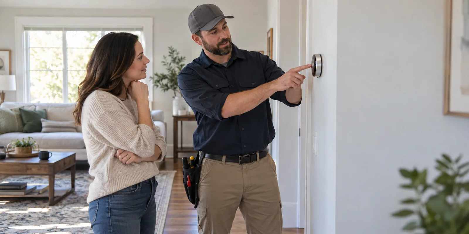 HVAC technician explaining a thermostat to a homeowner