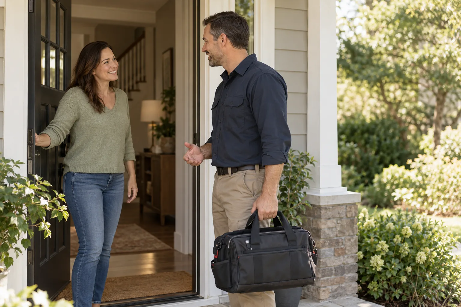 Plumber arriving at a home and speaking with the homeowner