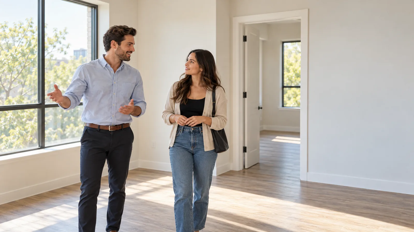 A leasing agent showing an empty apartment to a prospective tenant