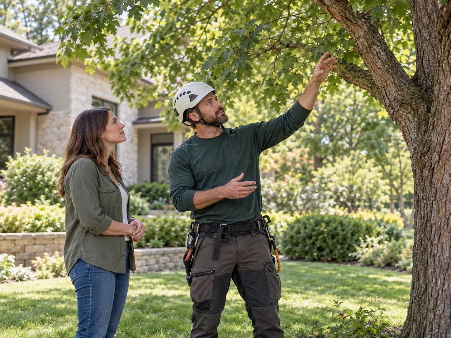 Arborist discussing a tree inspection with a homeowner