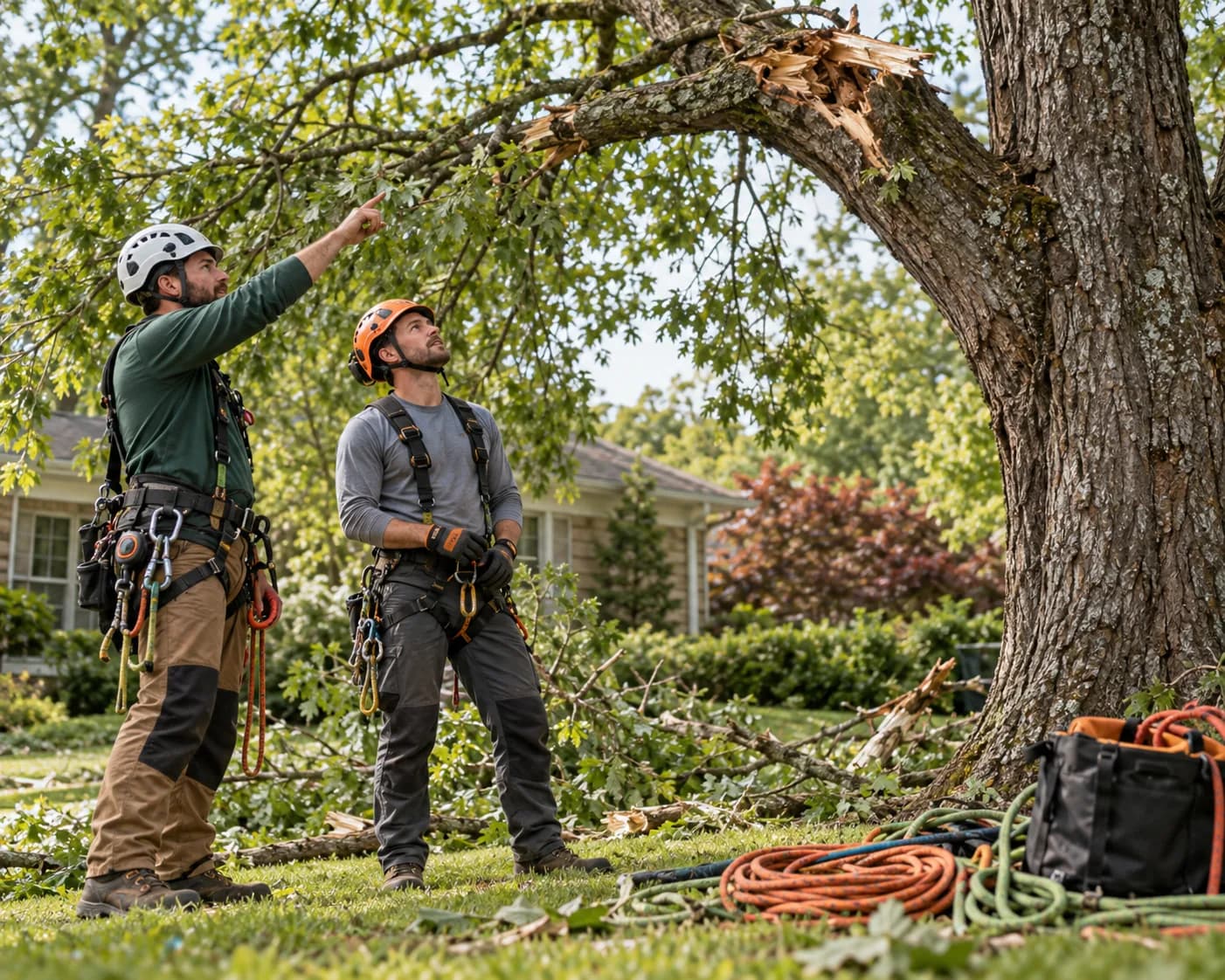 Two arborists assessing damaged branches in a yard