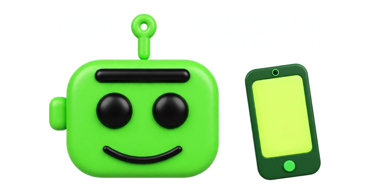 The green BotPhone robot standing next to a smartphone