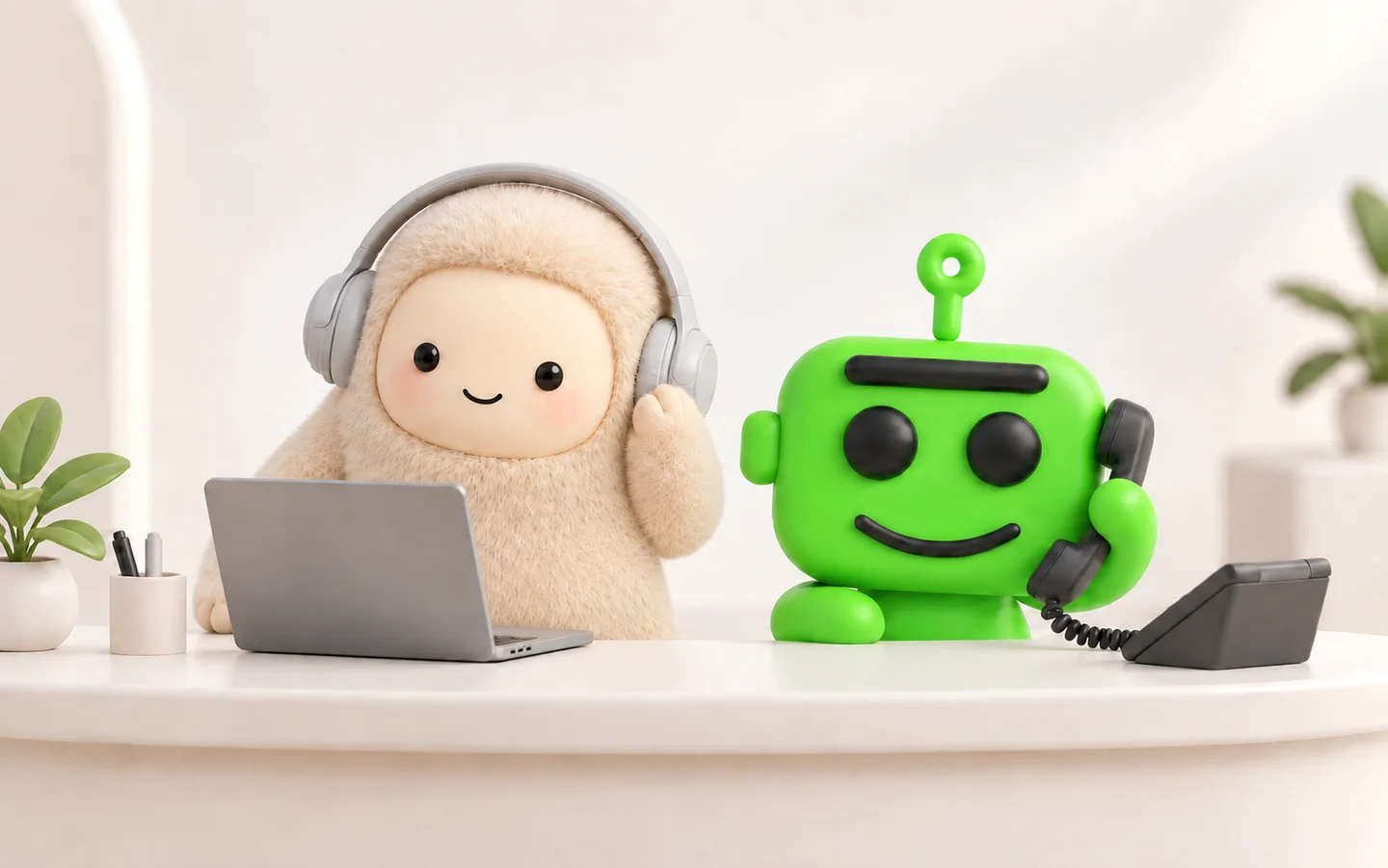 A fuzzy assistant and green BotPhone robot working together at a reception desk