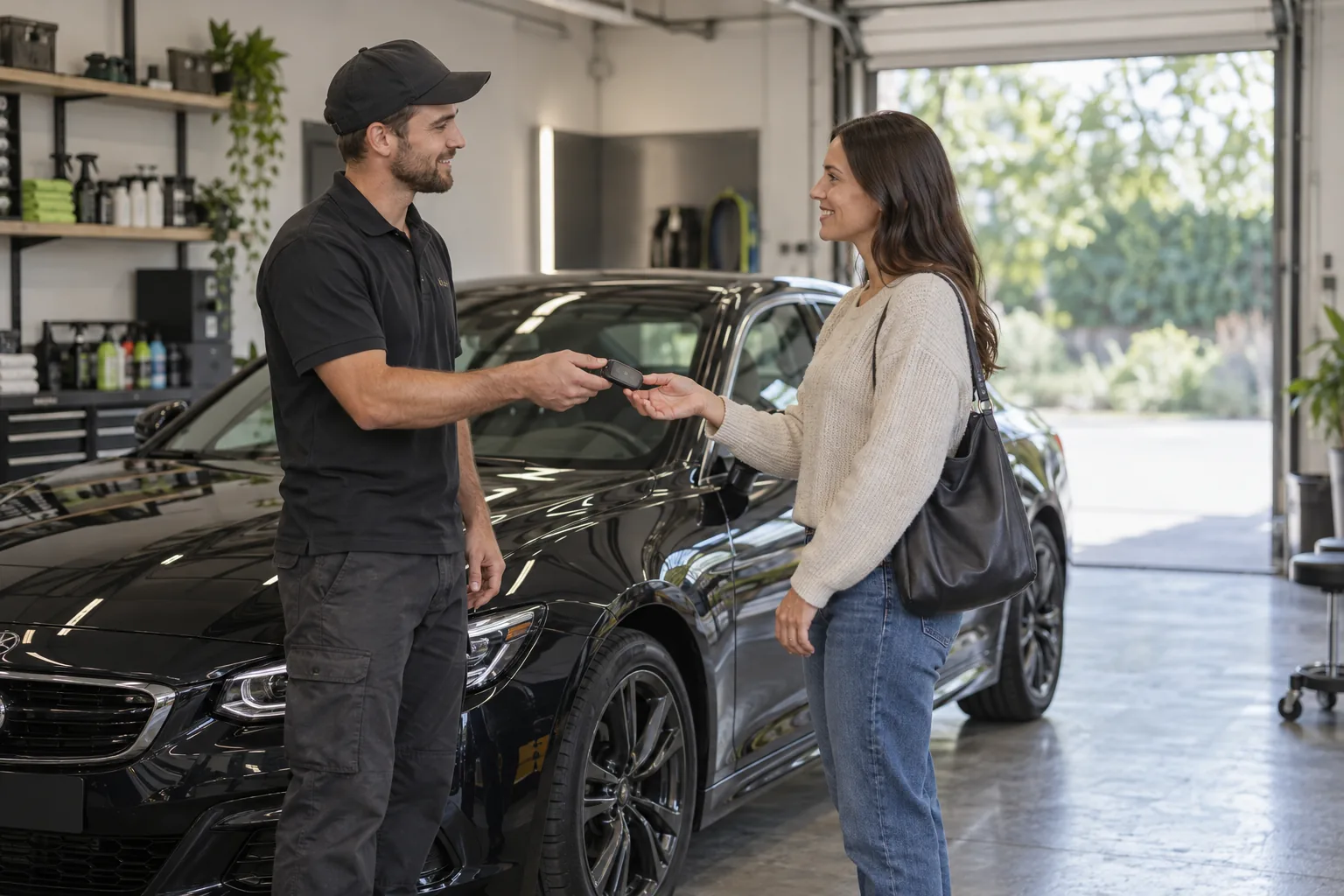Auto detailer returning car keys to a customer at pickup