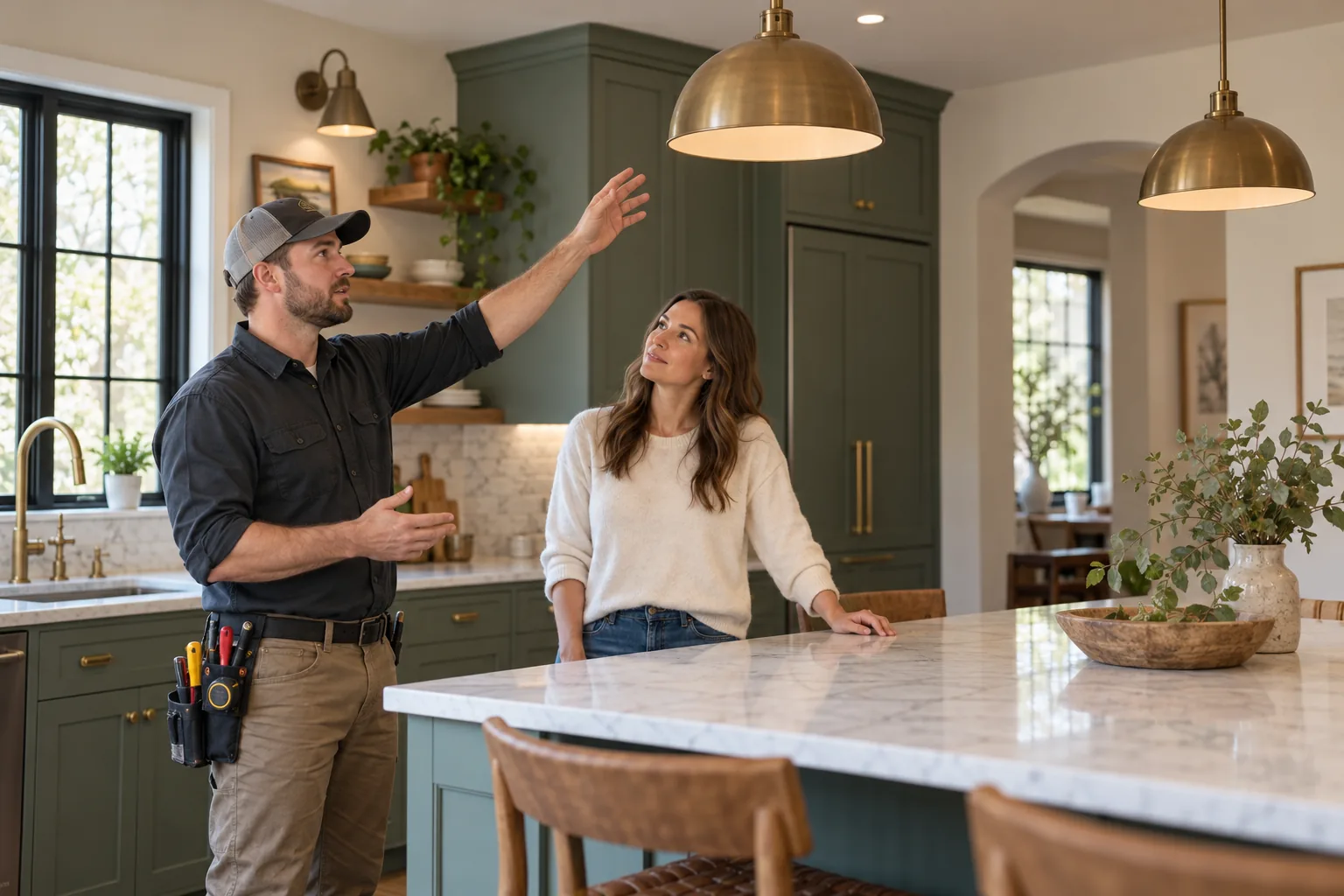 An electrician talking with a homeowner in her kitchen
