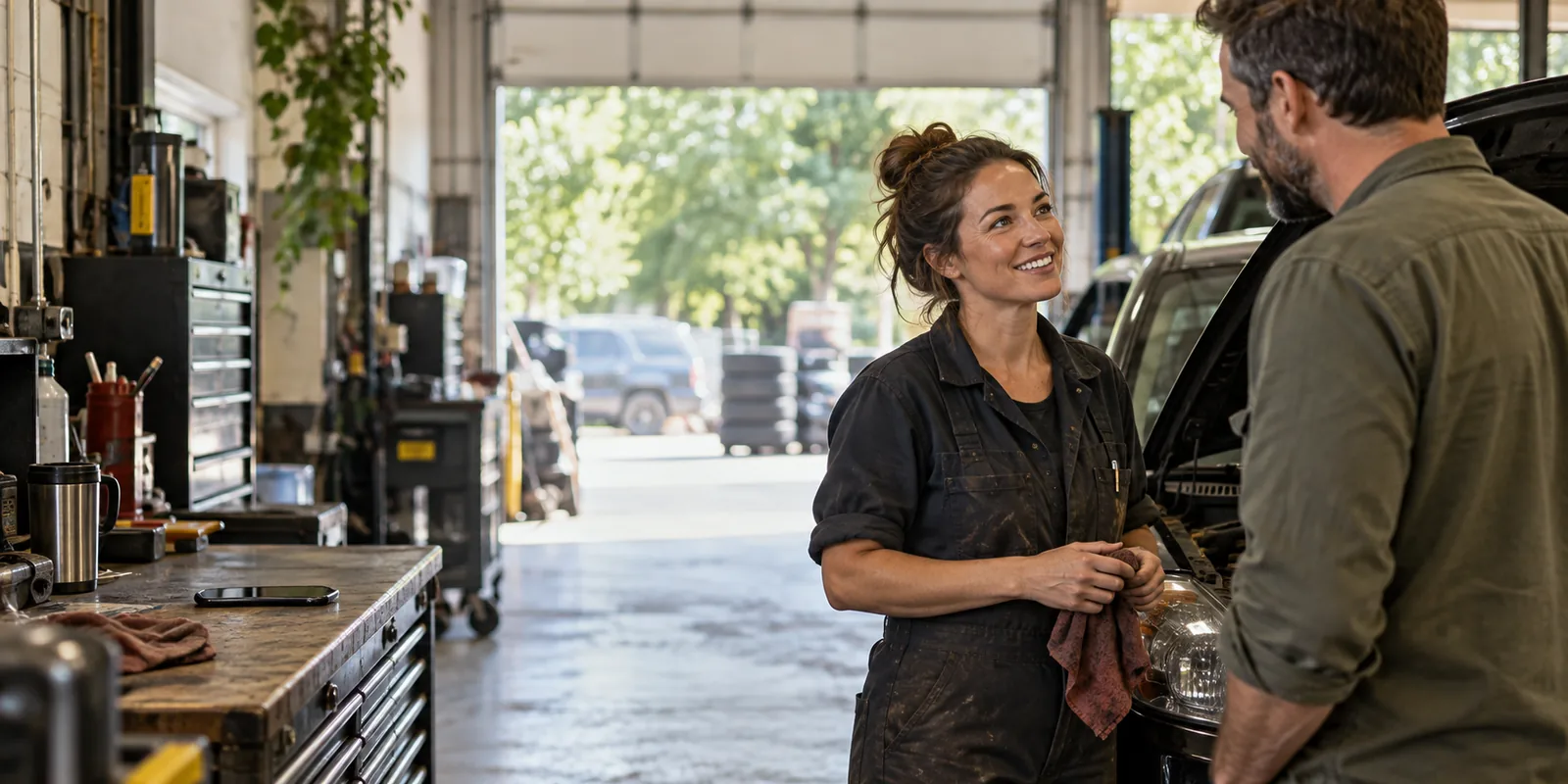 A home service business owner greeting a customer at the shop