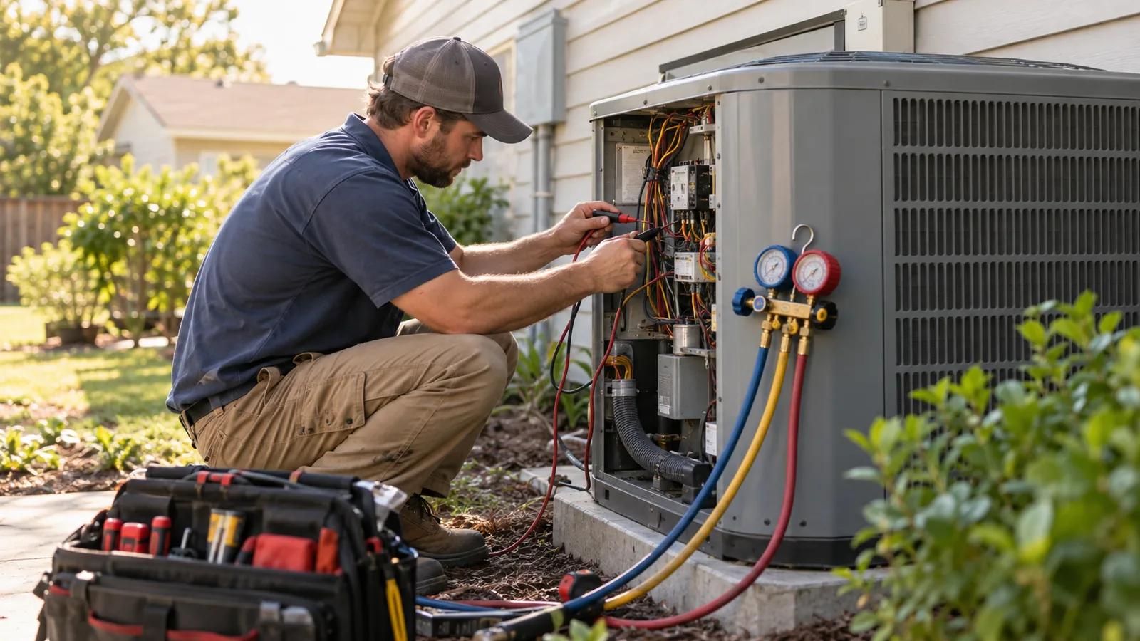 An HVAC technician servicing an outdoor air conditioning unit