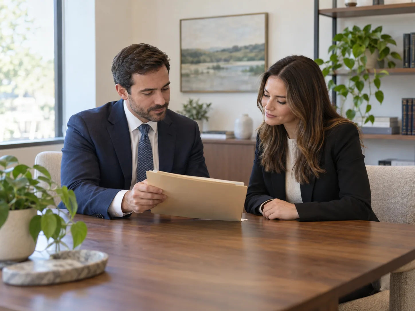Two law firm colleagues reviewing a client intake folder