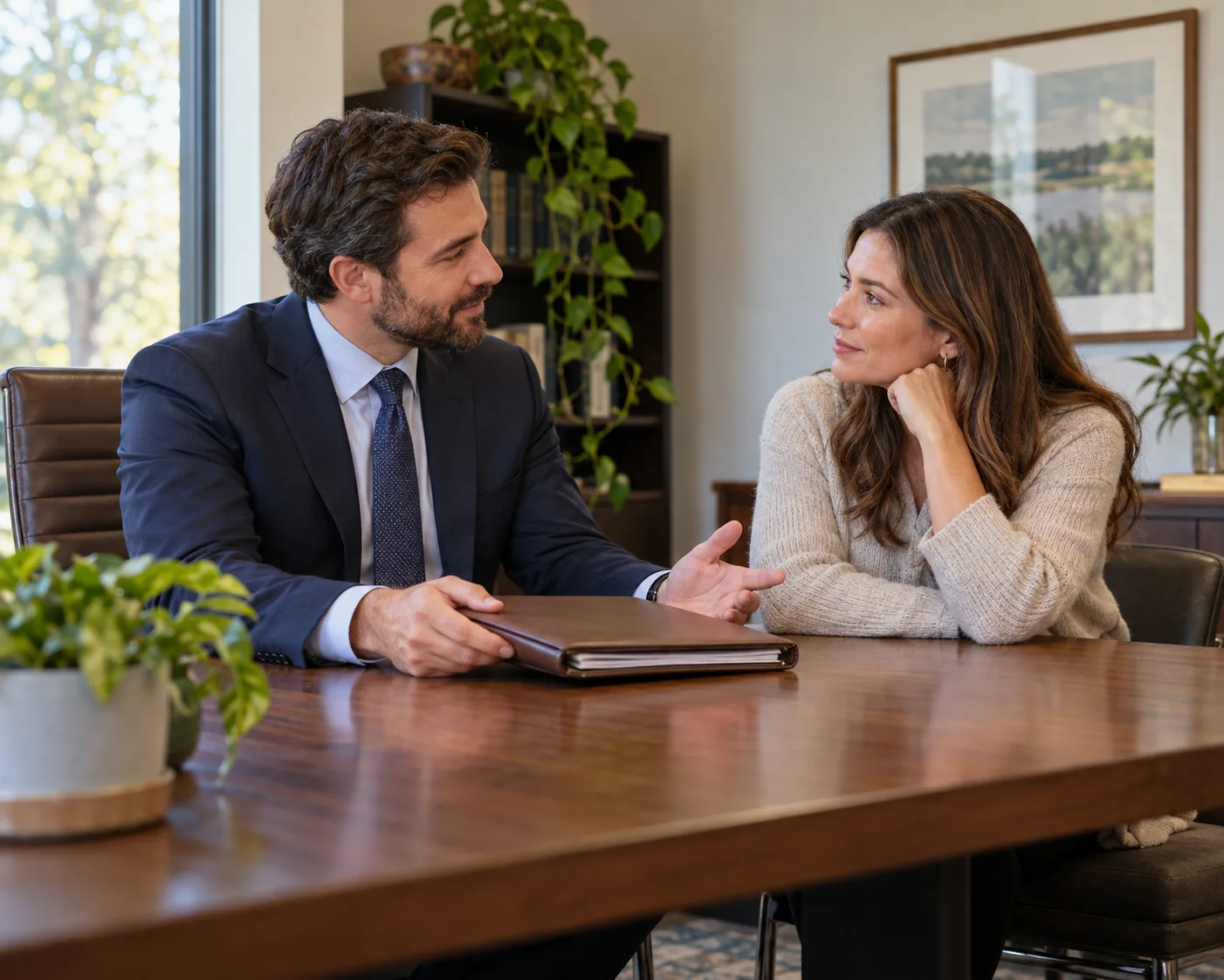 Attorney speaking with a client in a law office