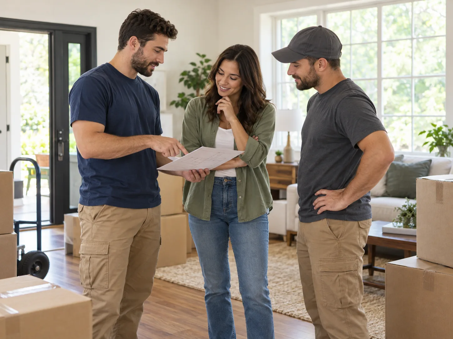 Moving crew reviewing a move plan with a homeowner