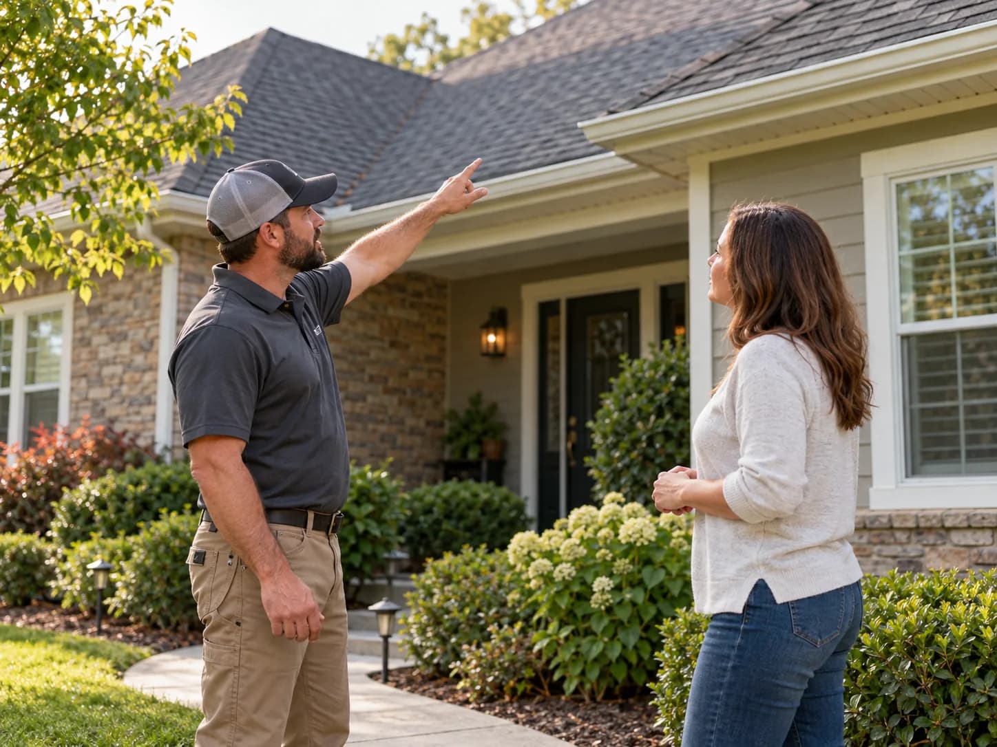 A roofer pointing out work on a house to the homeowner