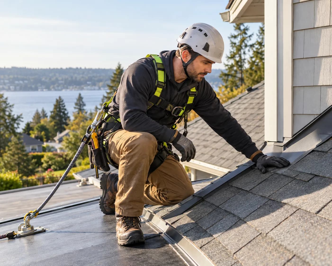 Roofer safely inspecting shingles and roof flashing