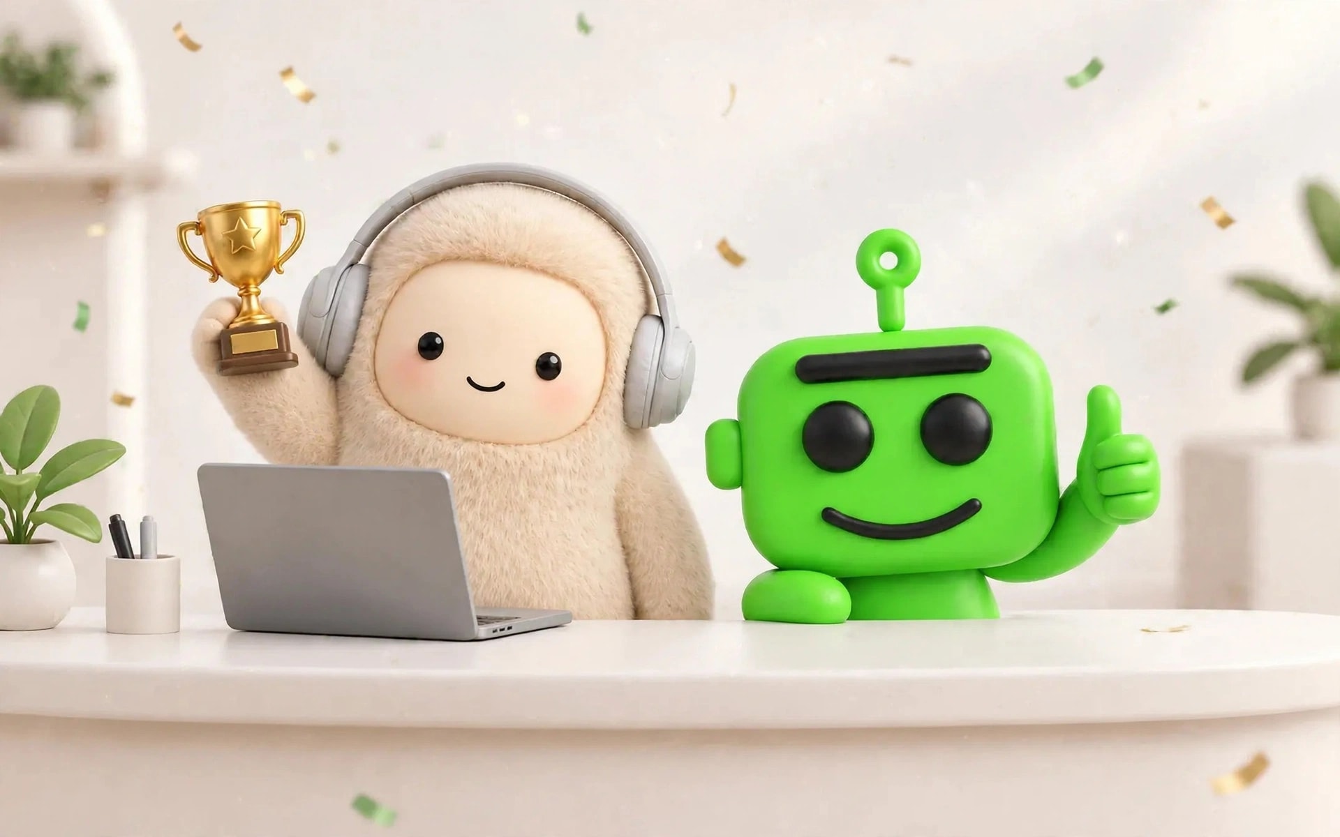 A fuzzy Muse assistant wearing headphones and holding a trophy next to a green BotPhone robot giving a thumbs up